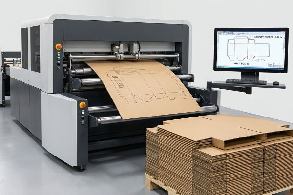 Brown corrugated cardboard with a box dieline being processed by a die-cutting machine, with a monitor displaying 