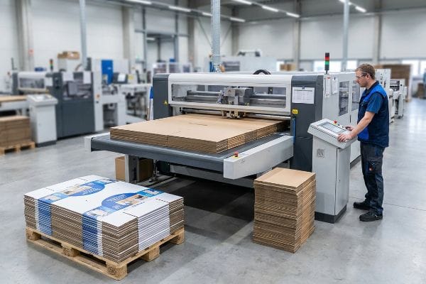 A factory worker operates a die-cutting machine, processing corrugated cardboard sheets for display manufacturing on a production line.