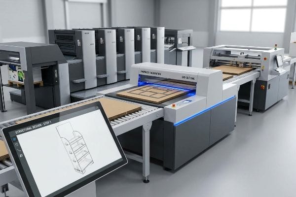 Automated Die-Cutting machine shaping corrugated cardboard, with a tablet showing Structural Design - Step 1.