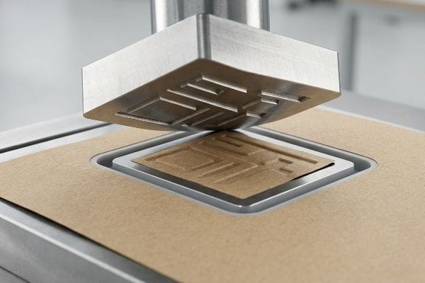 A metal die presses into brown kraft paper, creating a three-dimensional embossed pattern during the mechanical packaging process.