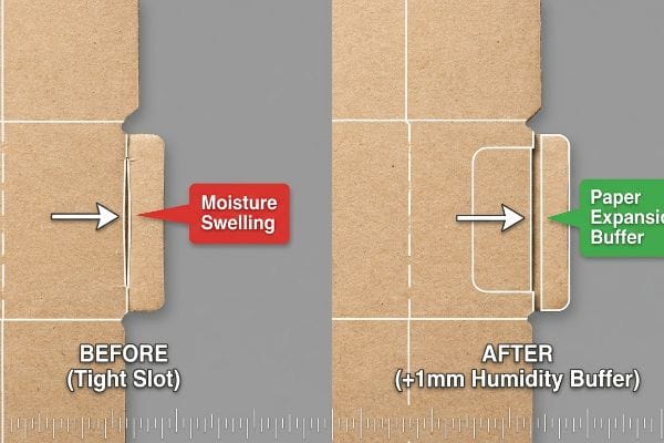 Brown cardboard dieline compares a tight slot with Moisture Swelling Before, to a wider 1mm Humidity Buffer for Paper Expansion After.