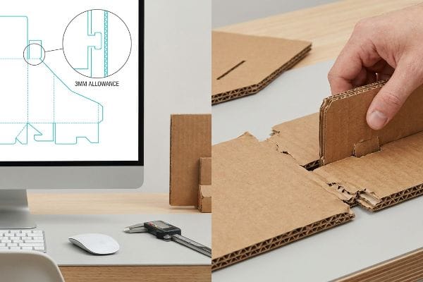 Corrugated cardboard assembly with interlocking B-flute tabs, next to a screen showing a dieline diagram with a 3mm Allowance.