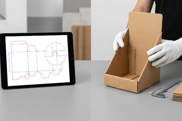 Tablet displays a dieline for a corrugated product display, with gloved hands assembling a brown cardboard unit and a caliper.