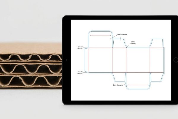 Corrugated cardboard fluting alongside a tablet displaying a dieline with 0.11 in (2.8 mm) bend allowance for packaging.