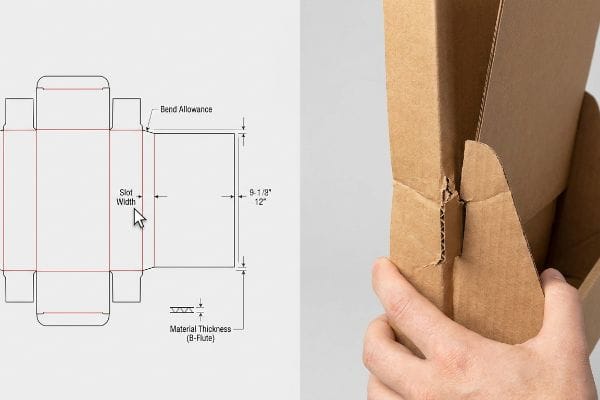 Corrugated B-flute dieline diagram showing bend allowance and slot width, contrasted with hands assembling a cardboard box.