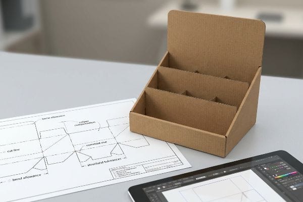 Corrugated cardboard display stand with a dieline template detailing Bend Allowance, Caliper Compensation, and Structural Tolerances.