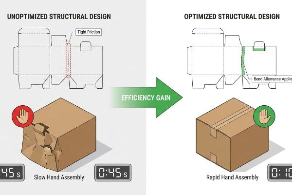 Brown corrugated boxes show packaging efficiency gain. Unoptimized structural design with 'Tight Friction' leads to slow 45s assembly and a crushed box. Optimized design with 'Bend Allowance Applied' achieves rapid 10s assembly for a perfect box.