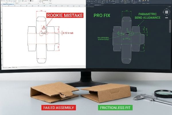 'Rookie Mistake' 0.12 in tab dieline vs. 'Pro Fix' 'Parametric Bend Allowance' on screen, contrasting failed and frictionless fit boxes.
