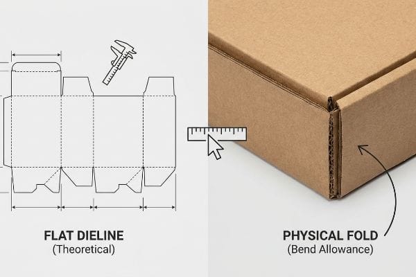 Dieline vs Physical Fold Corrugated cardboard dieline with caliper comparing Flat Dieline (Theoretical) to Physical Fold (Bend Allowance).