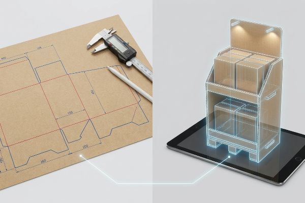 Visualizing a cardboard POP display design, from a flat dieline with a digital caliper to a glowing 3D rendering on a tablet.