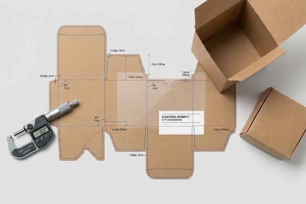 Brown paperboard dieline with digital micrometer showing 3.00mm, illustrating 1.5mm offset, 90-degree fold, and Structural Integrity: 5 Ps Framework.