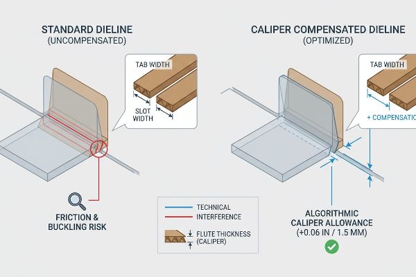 Dieline Caliper Compensation: Uncompensated tab friction vs. optimized 0.06 in (1.5 mm) allowance for slot.