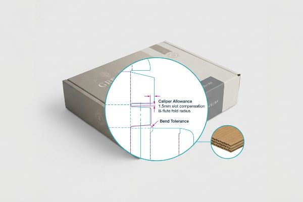 Corrugated box dieline with magnified view of Caliper Allowance, 1.5mm slot compensation, B-flute fold radius, and Bend Tolerance.
