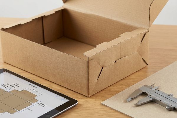 Brown corrugated box, tablet displaying dieline with bend allowance and material thickness, alongside a caliper for structural engineering.