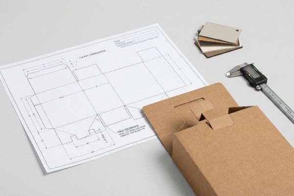 Packaging dieline with Caliper Compensation and Mold Tolerance, alongside an open brown corrugated box, digital caliper, and material samples.