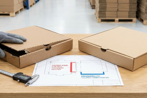 Brown cardboard boxes, digital caliper, and dieline diagram detailing Caliper Issue and Engineered Fit.