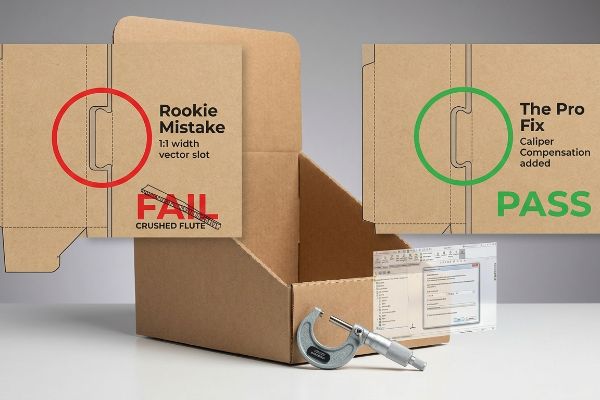 Corrugated dieline comparison: Rookie Mistake 1:1 slot (Fail, Crushed Flute) vs. Pro Fix Caliper Compensation (Pass).