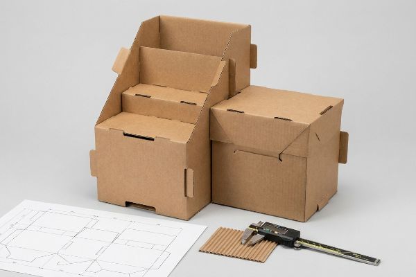 Protótipos de displays em papelão ondulado e planos de corte, com um paquímetro digital para medir a espessura da placa.