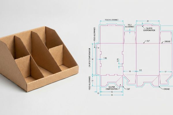 Corrugated cardboard POP display with its dieline, highlighting Caliper Compensation, Fold Allowance, Cut, and Crease details.