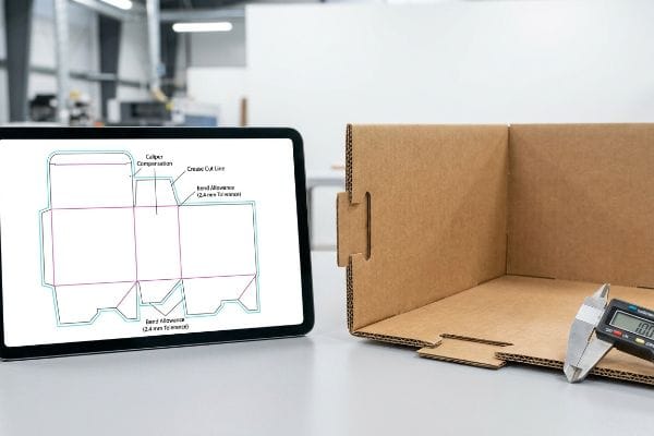 Corrugated cardboard box measured by a digital caliper, alongside a tablet displaying a dieline with Caliper Compensation and Bend Allowance (2.4 mm Tolerance).