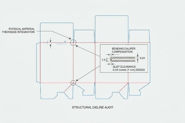 A structural dieline audit blueprint illustrates bending caliper compensation, showing slot clearance of 0.04 inches (1 mm) added for physical material thickness integration.