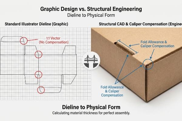 Corrugated cardboard box illustrating fold allowance and caliper compensation, contrasted with a 1:1 Illustrator dieline for structural engineering.