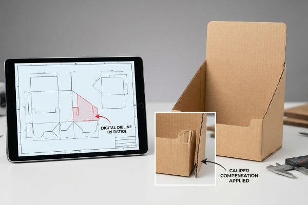 Présentoir ondulé à côté d'une tablette montrant une ligne de découpe numérique (rapport 1:1), avec un gros plan mettant en évidence la compensation d'épaisseur appliquée pour l'assemblage.