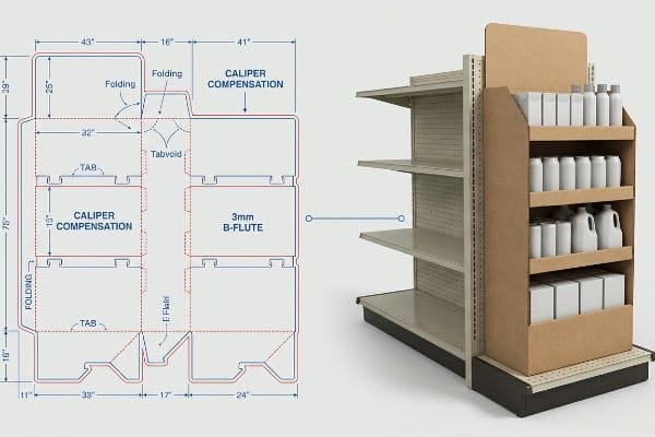 Corrugated dieline with Caliper Compensation and 3mm B-Flute, beside an assembled retail endcap display on a gondola.