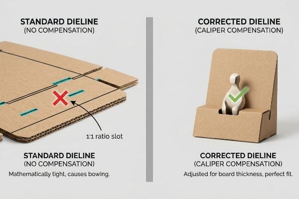 Corrugated board comparison: Standard Dieline 1:1 Ratio Slot causes bowing; Corrected Dieline with Caliper Compensation ensures perfect fit.
