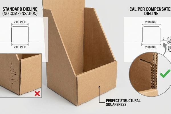 A comparison of standard versus caliper compensated dielines for a cardboard display stand, showing a 2.00 inch slot causing bowing and a 2.08 inch slot with bend allowance for perfect structural squareness.