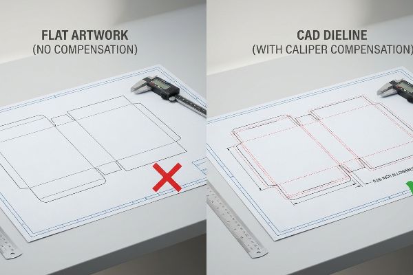 A split image shows packaging dielines: 'Flat Artwork (No Compensation)' versus 'CAD Dieline (With Caliper Compensation)', illustrating 0.06 inch bend allowance.
