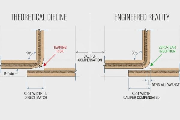 Compensation de l'étrier de la ligne de coupe Les schémas de panneaux ondulés à cannelures B comparent une ligne de découpe théorique avec risque de déchirure d'une fente à correspondance directe 1:1 à une réalité technique avec insertion sans déchirure grâce à la compensation de l'étrier et à la tolérance de pliage.