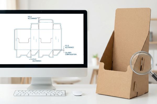Structural CAD dieline with Fold Allowance and Caliper Compensation on a monitor, beside a natural brown Kraft cardboard display stand featuring an interlocking tab.