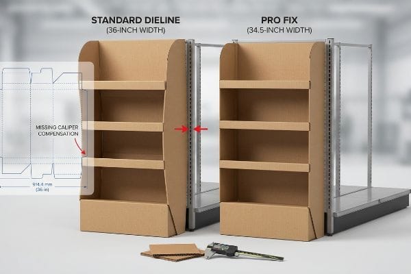 Corrugated cardboard retail displays compare a standard 36-inch dieline, showing missing caliper compensation and a gap, with a Pro Fix 34.5-inch width unit fitting snugly.