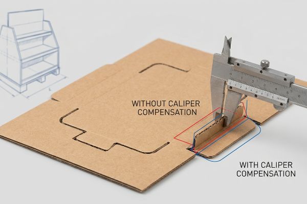 A metal caliper measures corrugated board, demonstrating