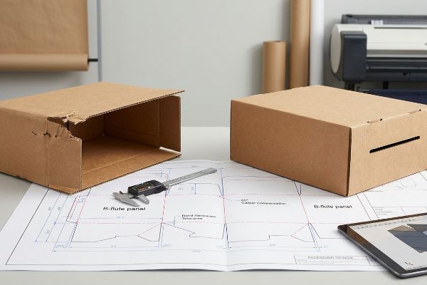 Dieline blueprint with B-Flute Panel, Caliper Compensation, and Bend Allowance Tolerances, alongside cardboard boxes and a digital caliper.
