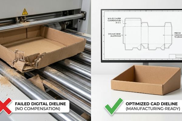 A damaged B-flute corrugated cardboard tray on a factory conveyor contrasts with a perfectly formed tray and its optimized CAD dieline, showing B-Flute Caliper Compensation.