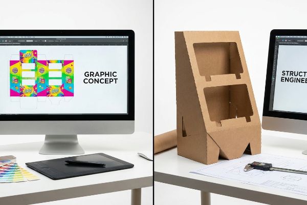 Corrugated cardboard display stand, graphic concept dieline, and structural engineering plans with caliper.
