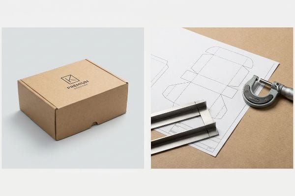 Custom Packaging Design Tools Brown corrugated box with K Premium Designed logo, alongside a die-line template, metal creasing matrix channel, and micrometer.