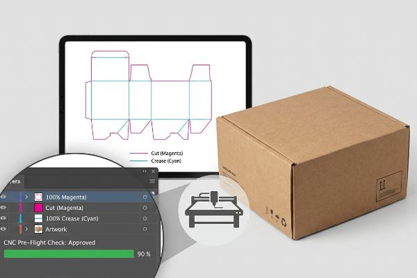 Digital structural dieline on tablet with Cut (Magenta) and Crease (Cyan) lines, a brown corrugated box, and 'CNC Pre-Flight Check: Approved' software.