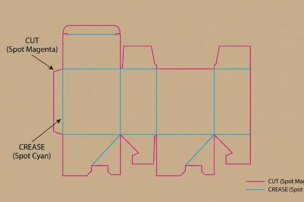 Cardboard dieline template on kraft, showing Cut (Spot Magenta) and Crease (Spot Cyan) lines for a display stand.