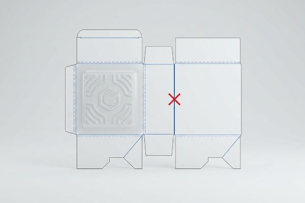 White paperboard dieline with an embossed plastic insert featuring a G logo, highlighting fold lines and a potential weak point.