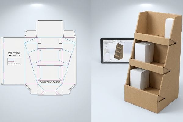 Ligne de découpe structurelle V3.1 à côté d'un échantillon d'ingénierie d'affichage en carton ondulé à 3 niveaux et d'une tablette avec son modèle CAO.