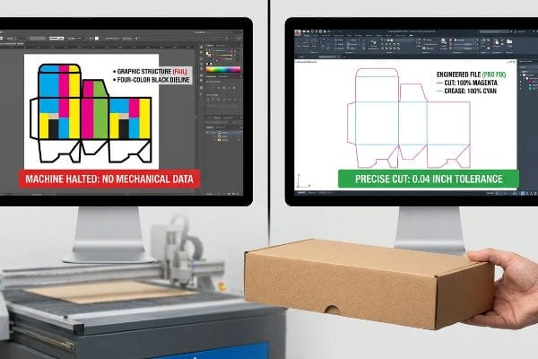 Two monitors display packaging dielines: a failed Four-Color Black Dieline and an Engineered File (Pro Fix) with 100% Magenta cuts and 100% Cyan creases, achieving 0.04 Inch Tolerance for a brown box.