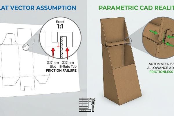 Flat Vector 3.17mm Slot Friction Failure vs. Parametric CAD Automated Bend Allowance, Frictionless.