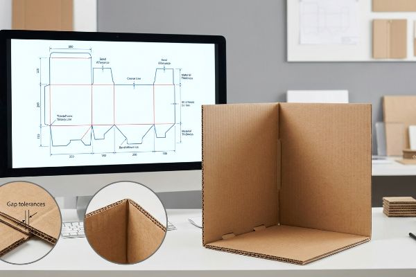 Corrugated cardboard structural engineering dieline on screen, showing bend allowances, material thickness, and close-ups of gap tolerances.