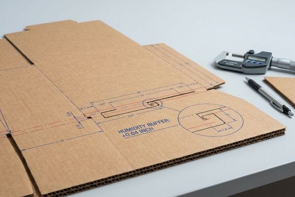 Corrugated cardboard dieline showing precise slot tolerances and a 'Humidity Buffer: +0.04 Inch' detail, alongside a digital micrometer.