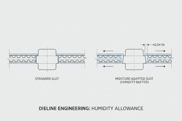 Corrugated board slot diagrams compare standard and moisture-adapted slots with a 0.04-inch humidity buffer, illustrating Dieline Engineering: Humidity Allowance.