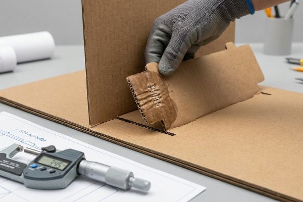 Corrugated cardboard tab inserted into a slot, showing dieline tolerance testing, with a micrometer displaying 3.45 and a blueprint for a 0.04-inch humidity buffer.