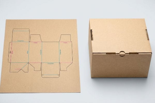 Gabarit vectoriel plat en carton ondulé brun avec lignes de pliage, hauteur, largeur, longueur et étiquettes extérieure/intérieure, à côté d'une boîte assemblée comportant des languettes emboîtables.
